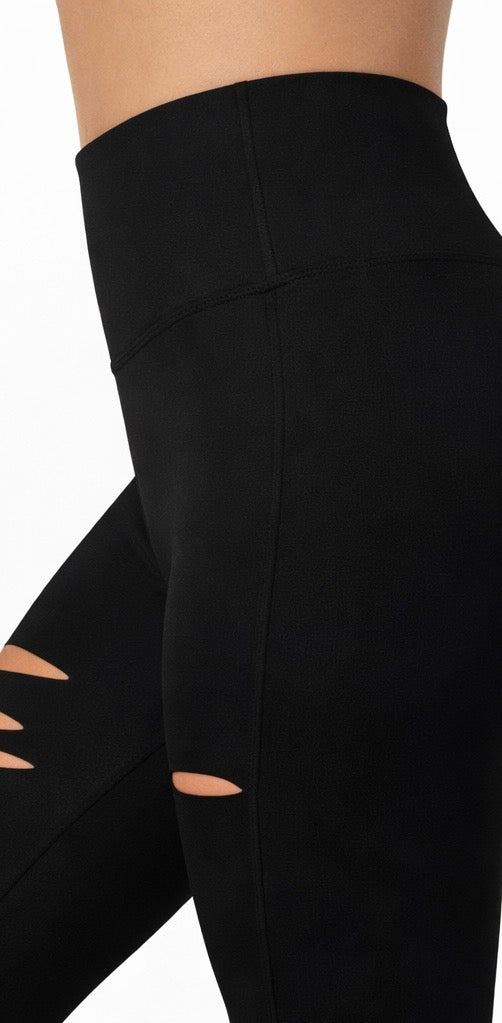 WOMEN'S HIGH WAISTED LEGGINGS - DISTRESSED BLACK