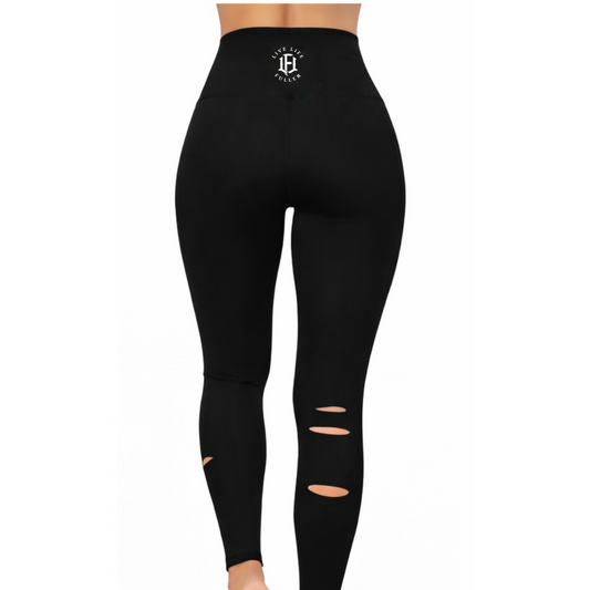 WOMEN'S HIGH WAISTED LEGGINGS - DISTRESSED BLACK